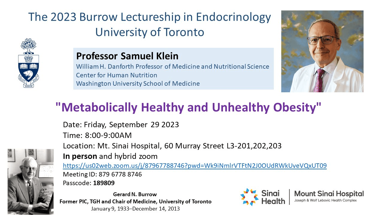 Flyer for the 2023 Burrow Lectureship in Endocrinology University of Toronto with Professor Samuel Klein. 